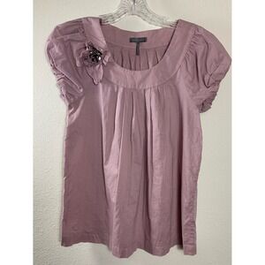 Kristin Davis Mauve Pleated Scoop Neck Blouse  S Puffy Short Sleeves Flower Pin